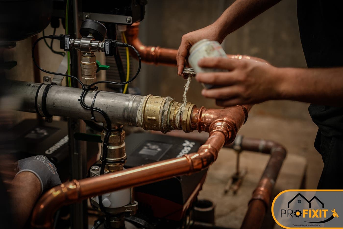 Hands working on copper pipework beside a boiler component.