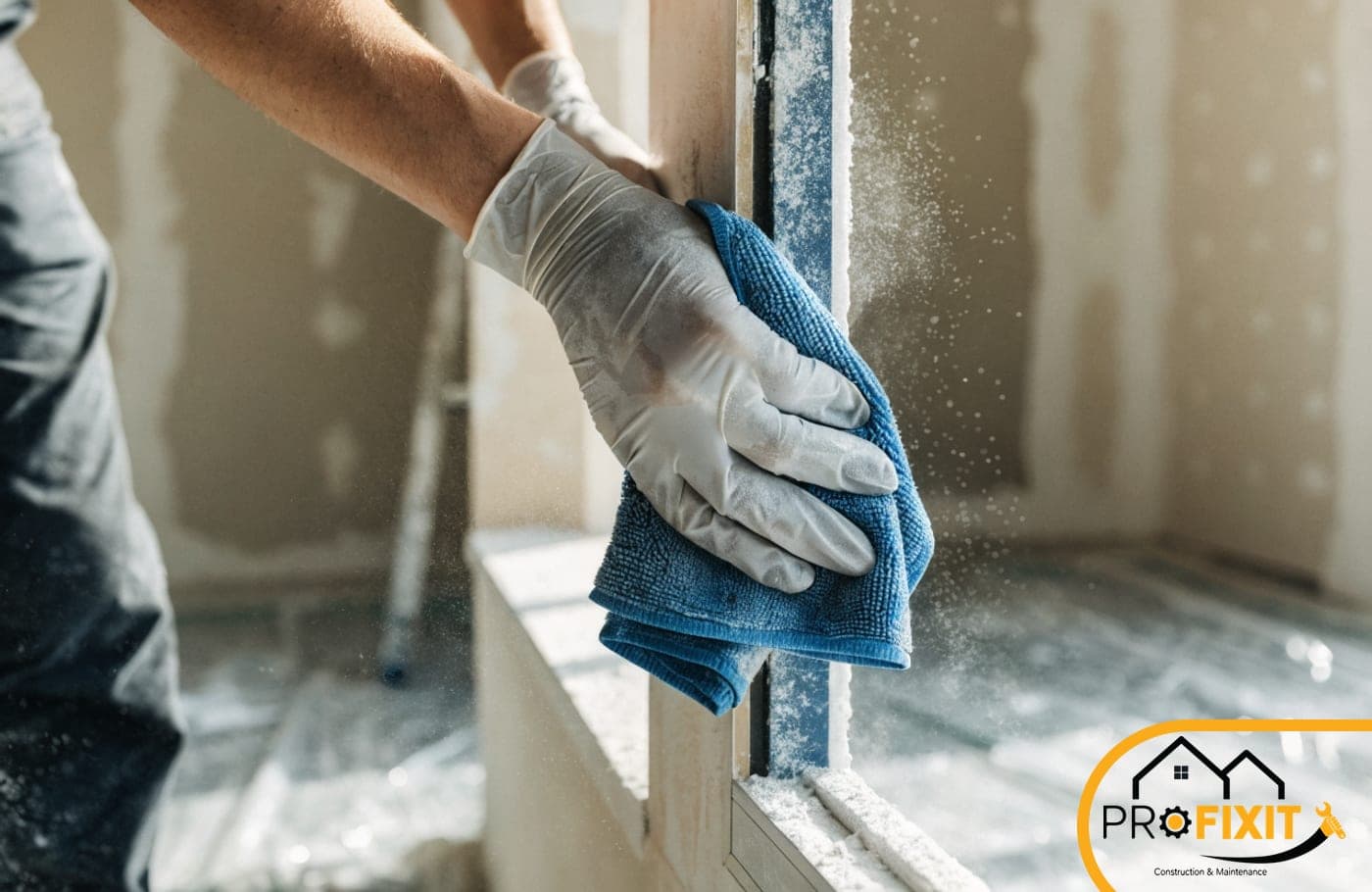 A gloved hand wiping construction dust from a window reveal with a blue microfibre cloth.