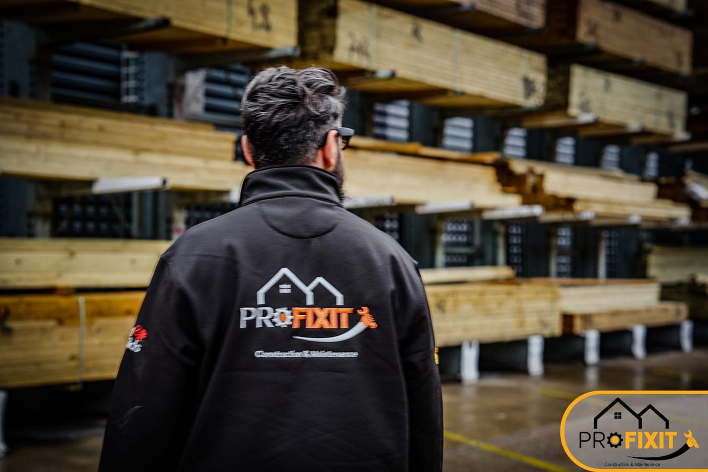 A Pro Fixit worker in a branded jacket beside stacked timber lengths.