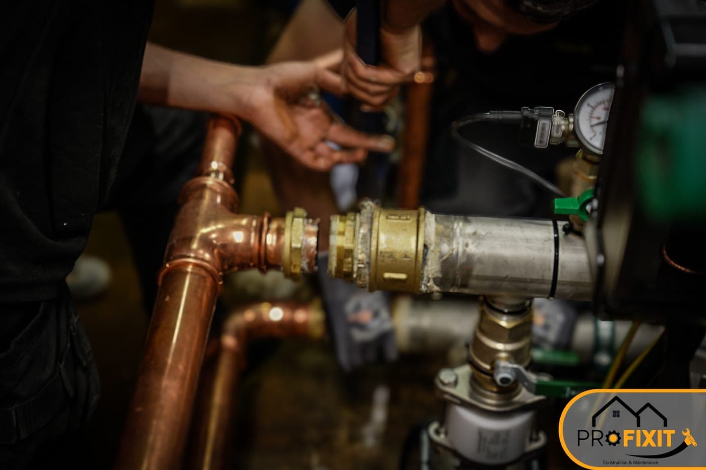 Copper and brass pipework with a pressure gauge in the background.