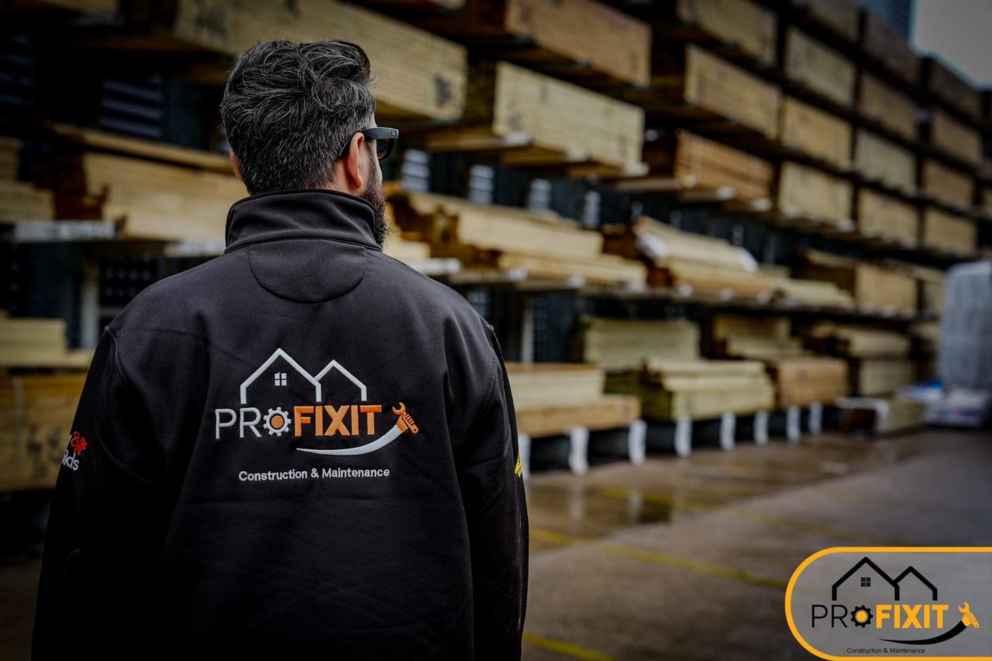 A Pro Fixit worker in a branded jacket walking through a timber merchant aisle.